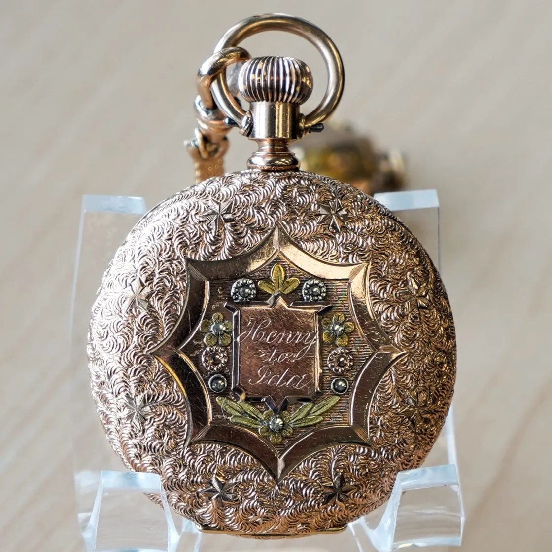 1889 A.W.C. WALTHAM Dress Pocket Watch 6s Grade J Fancy Hunter Case w/ Mesh Chain & Fob