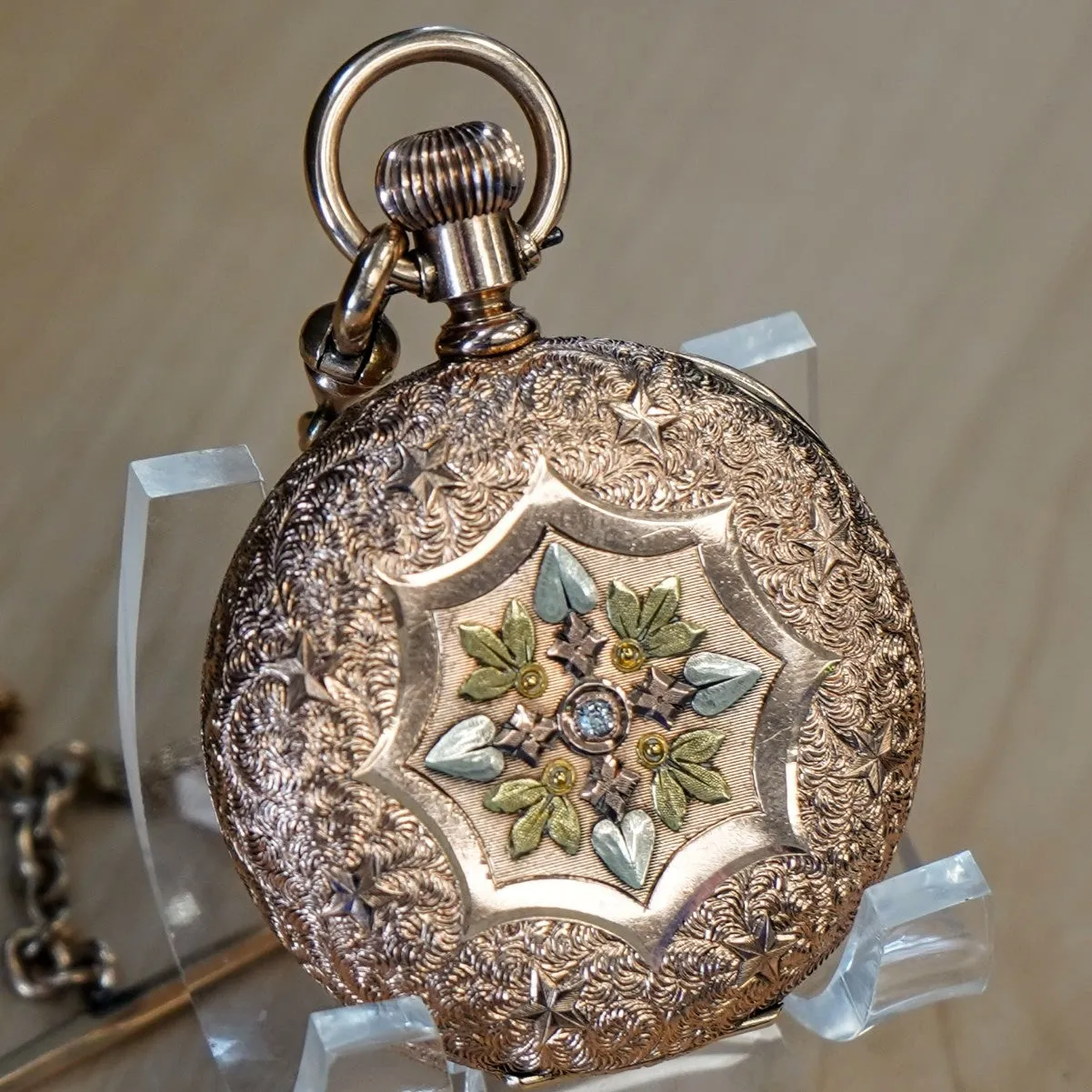 1889 A.W.C. WALTHAM Dress Pocket Watch 6s Grade J Fancy Hunter Case w/ Mesh Chain & Fob