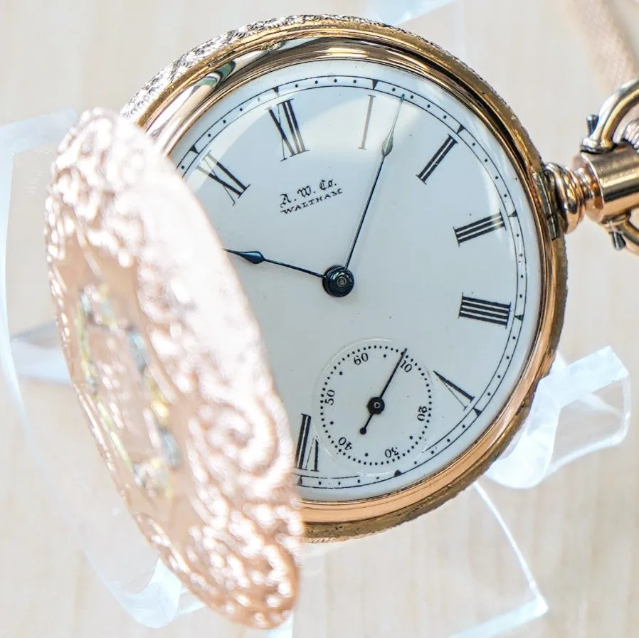 1889 A.W.C. WALTHAM Dress Pocket Watch 6s Grade J Fancy Hunter Case w/ Mesh Chain & Fob