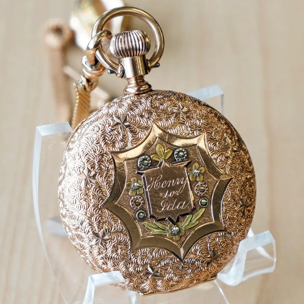 1889 A.W.C. WALTHAM Dress Pocket Watch 6s Grade J Fancy Hunter Case w/ Mesh Chain & Fob