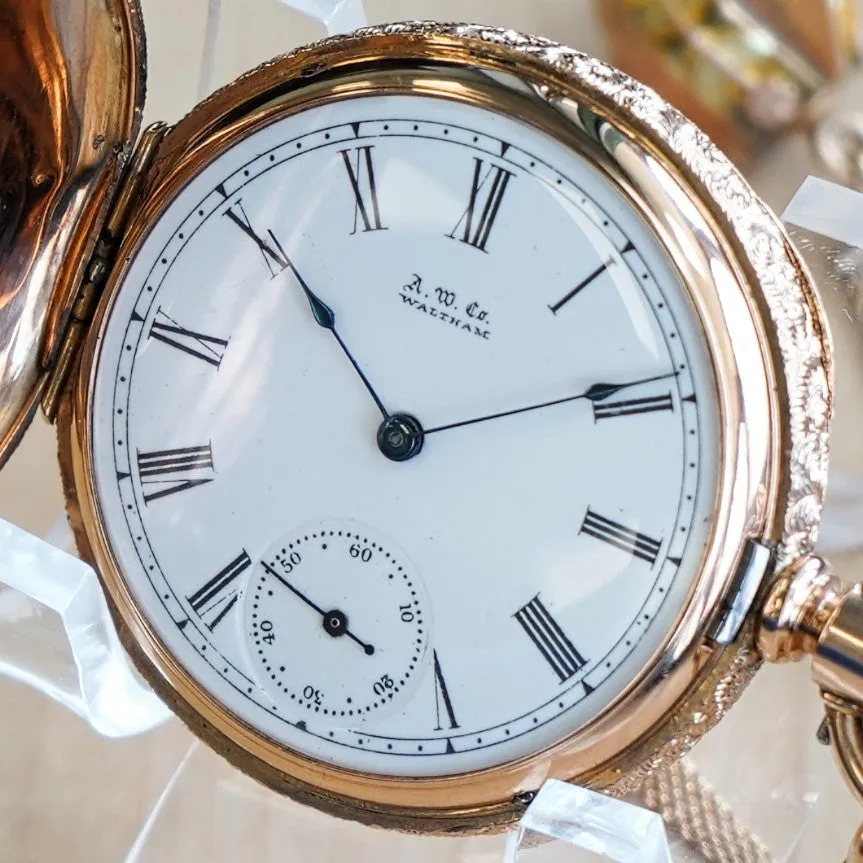 1889 A.W.C. WALTHAM Dress Pocket Watch 6s Grade J Fancy Hunter Case w/ Mesh Chain & Fob