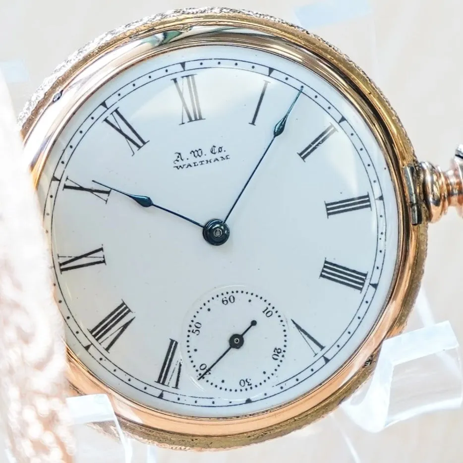 1889 A.W.C. WALTHAM Dress Pocket Watch 6s Grade J Fancy Hunter Case w/ Mesh Chain & Fob
