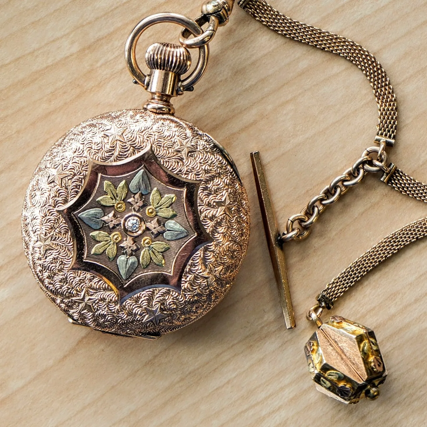 1889 A.W.C. WALTHAM Dress Pocket Watch 6s Grade J Fancy Hunter Case w/ Mesh Chain & Fob