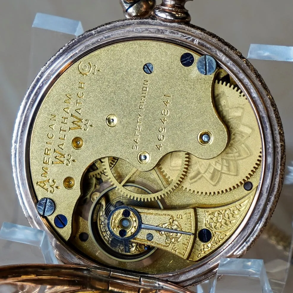 1889 A.W.C. WALTHAM Dress Pocket Watch 6s Grade J Fancy Hunter Case w/ Mesh Chain & Fob