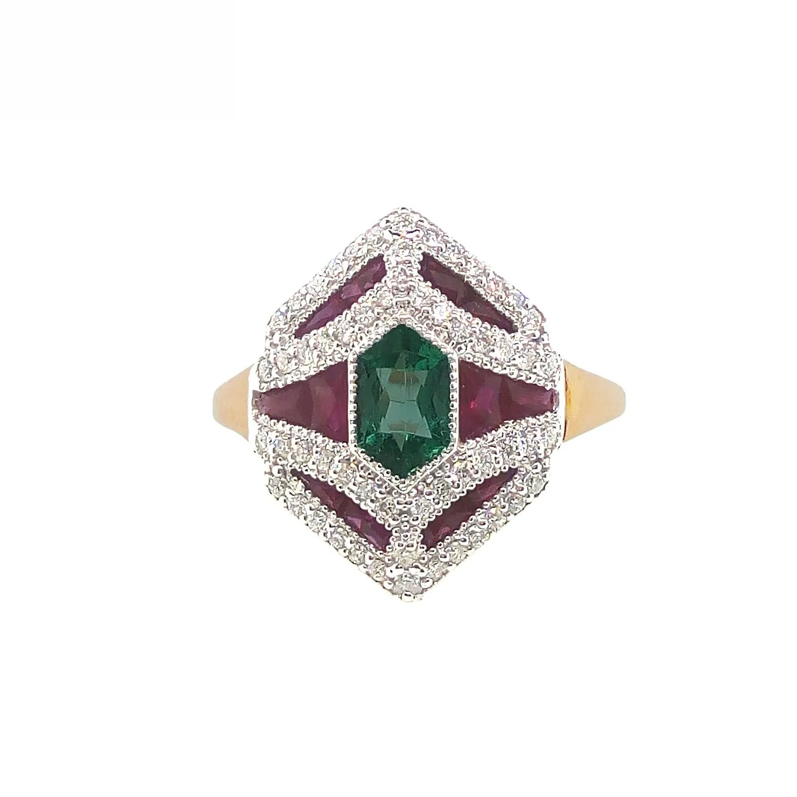18K Rose Gold Natural Emerald, Natural Ruby and Diamond Ring