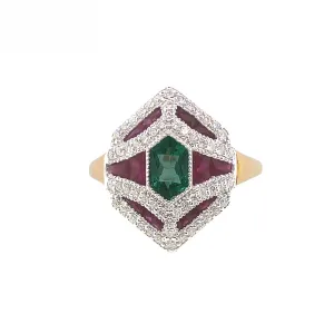 18K Rose Gold Natural Emerald, Natural Ruby and Diamond Ring
