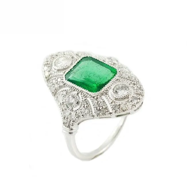 18K White Gold Natural Emerald and Diamond Ring