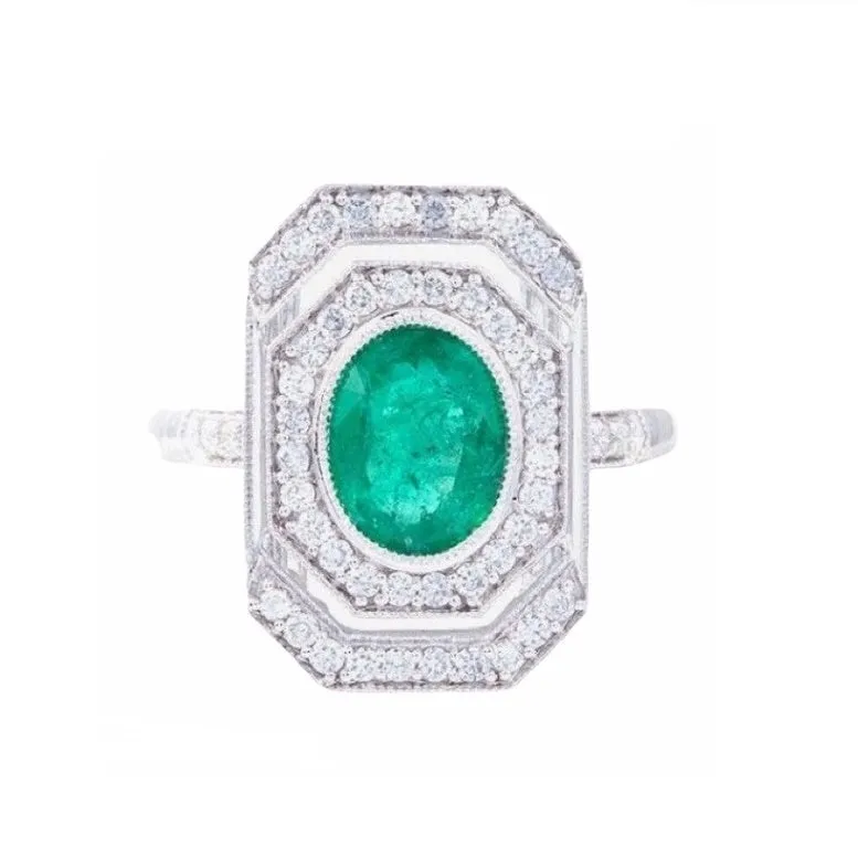 18K White Gold Natural Emerald and Diamond Ring