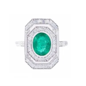 18K White Gold Natural Emerald and Diamond Ring