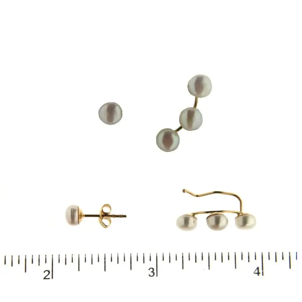 18K Yellow Gold Pearl Ear Wire Crawler and Stud Post Earrings