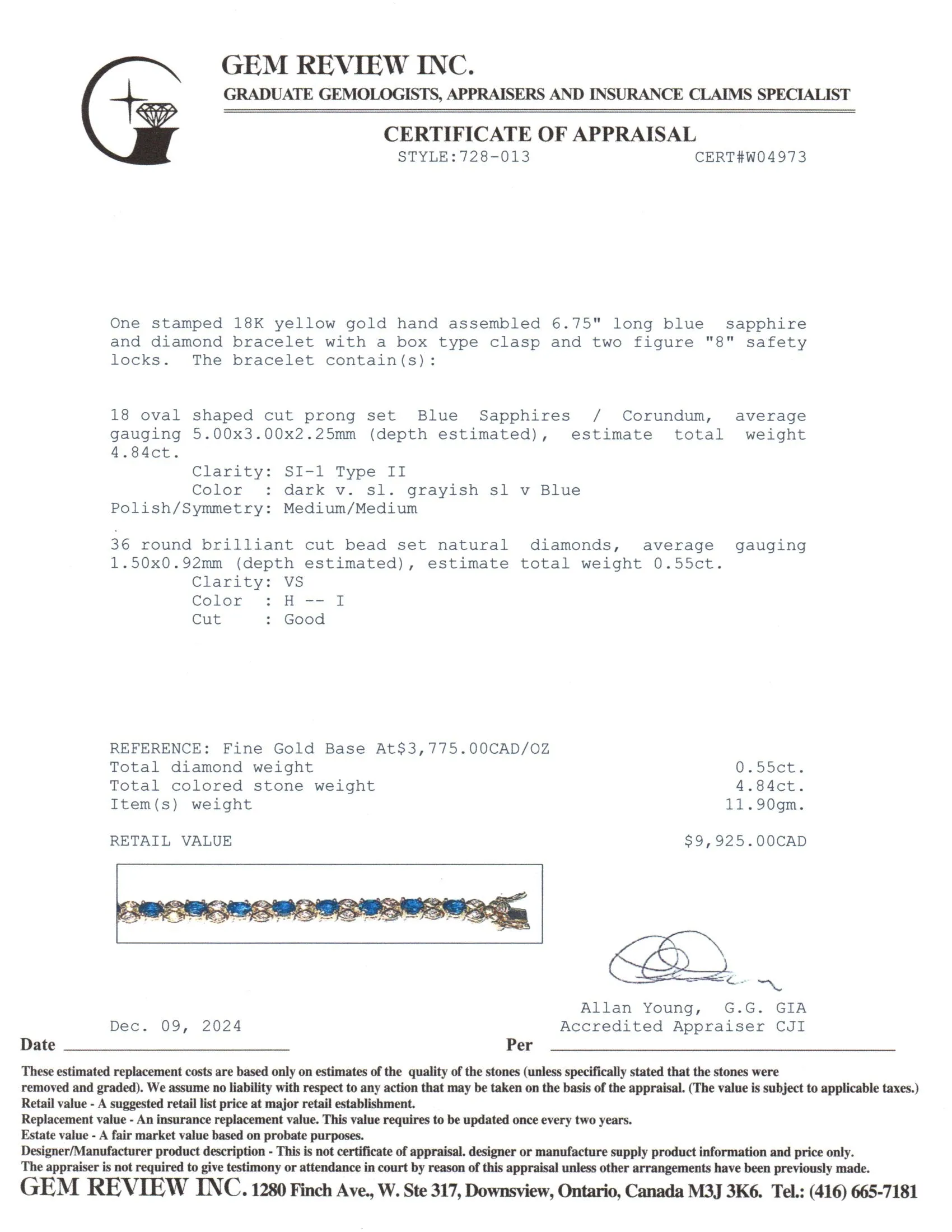 18K Yellow Gold Sapphire & Diamond Bracelet | 4.84ctw, 0.55ctw | 6.75" |