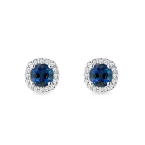 18kt White Gold 0.78CT Round Sapphire Earrings with Pave Diamond Halo