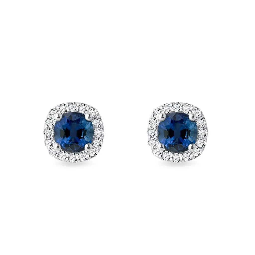 18kt White Gold 0.78CT Round Sapphire Earrings with Pave Diamond Halo