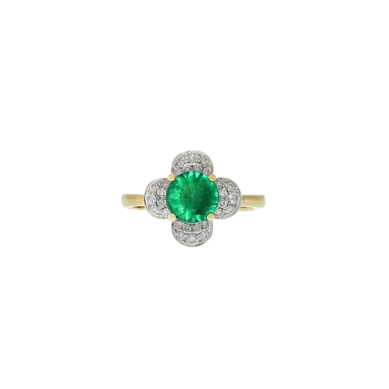 18KT Yellow Gold Emerald And Diamond Flower Ring