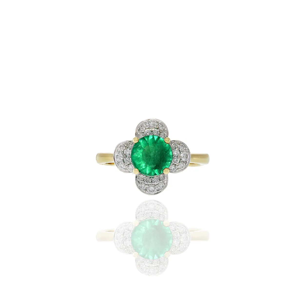 18KT Yellow Gold Emerald And Diamond Flower Ring
