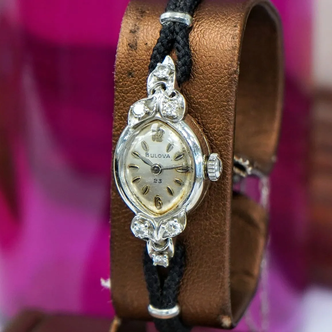 1961 BULOVA Ladies 14K White Gold & Diamonds Cocktail Watch 23 Jewels - ALL Original