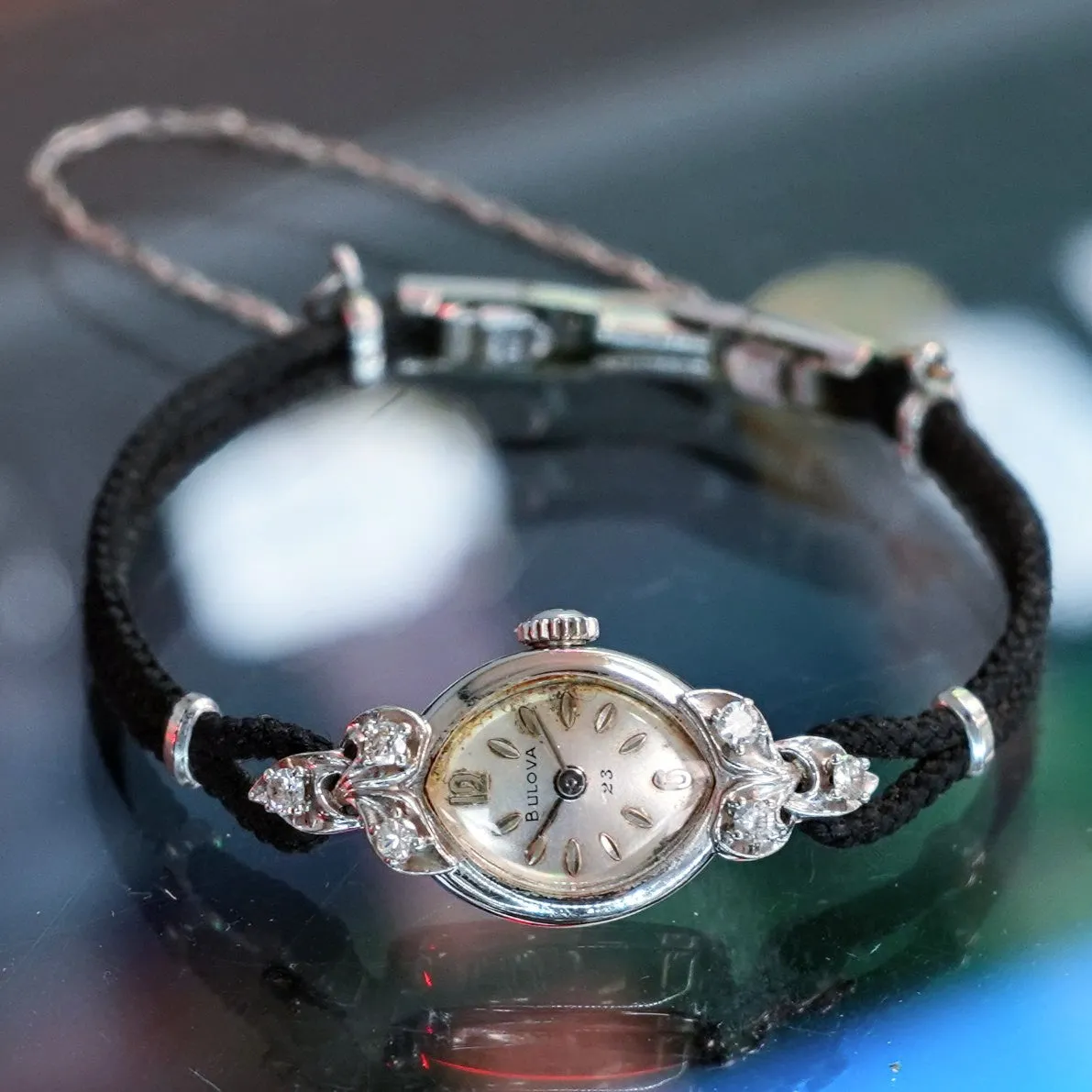 1961 BULOVA Ladies 14K White Gold & Diamonds Cocktail Watch 23 Jewels - ALL Original