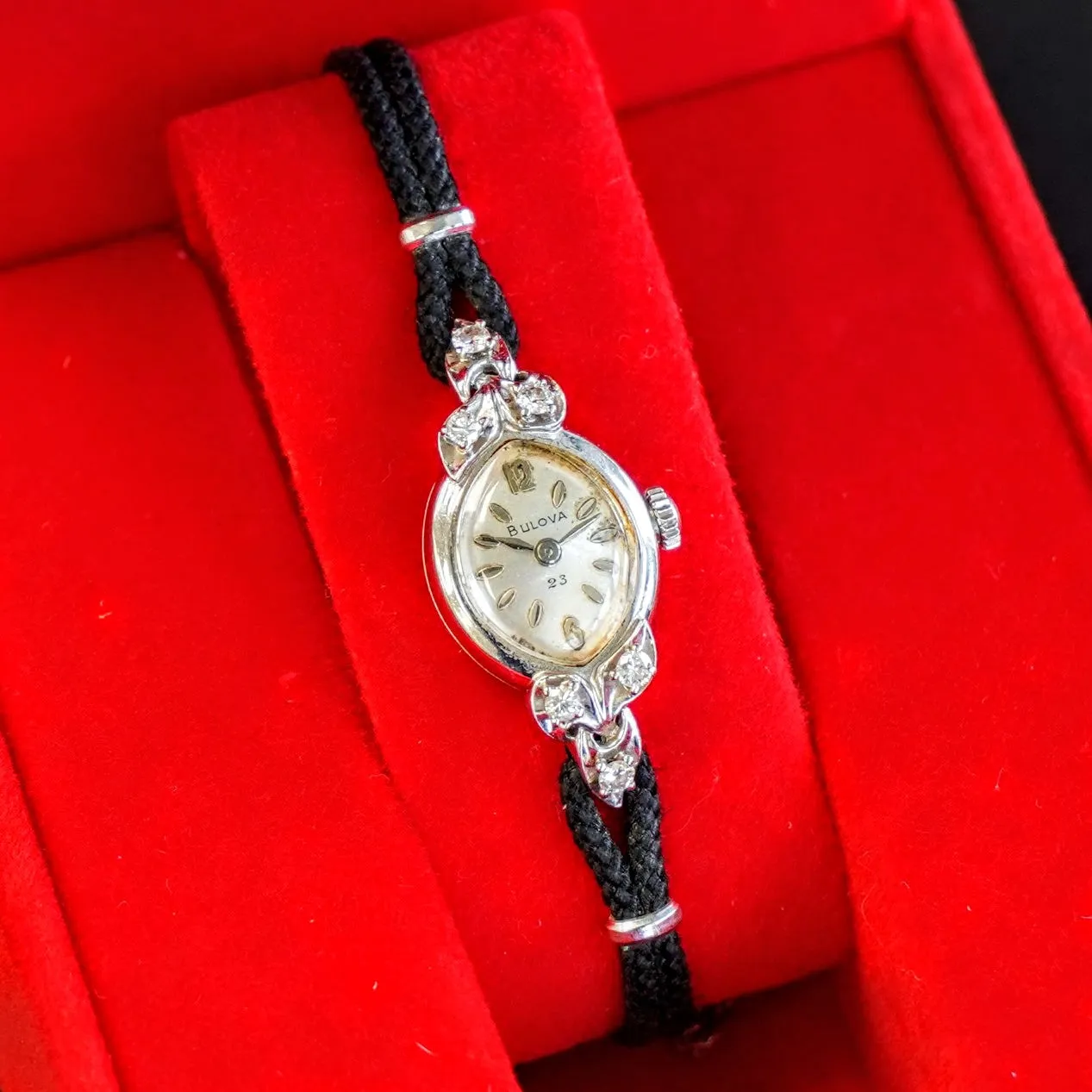 1961 BULOVA Ladies 14K White Gold & Diamonds Cocktail Watch 23 Jewels - ALL Original