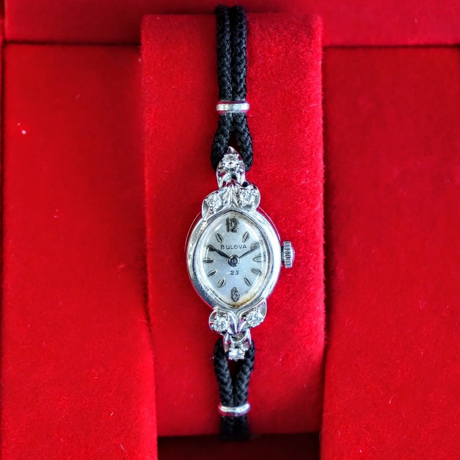 1961 BULOVA Ladies 14K White Gold & Diamonds Cocktail Watch 23 Jewels - ALL Original