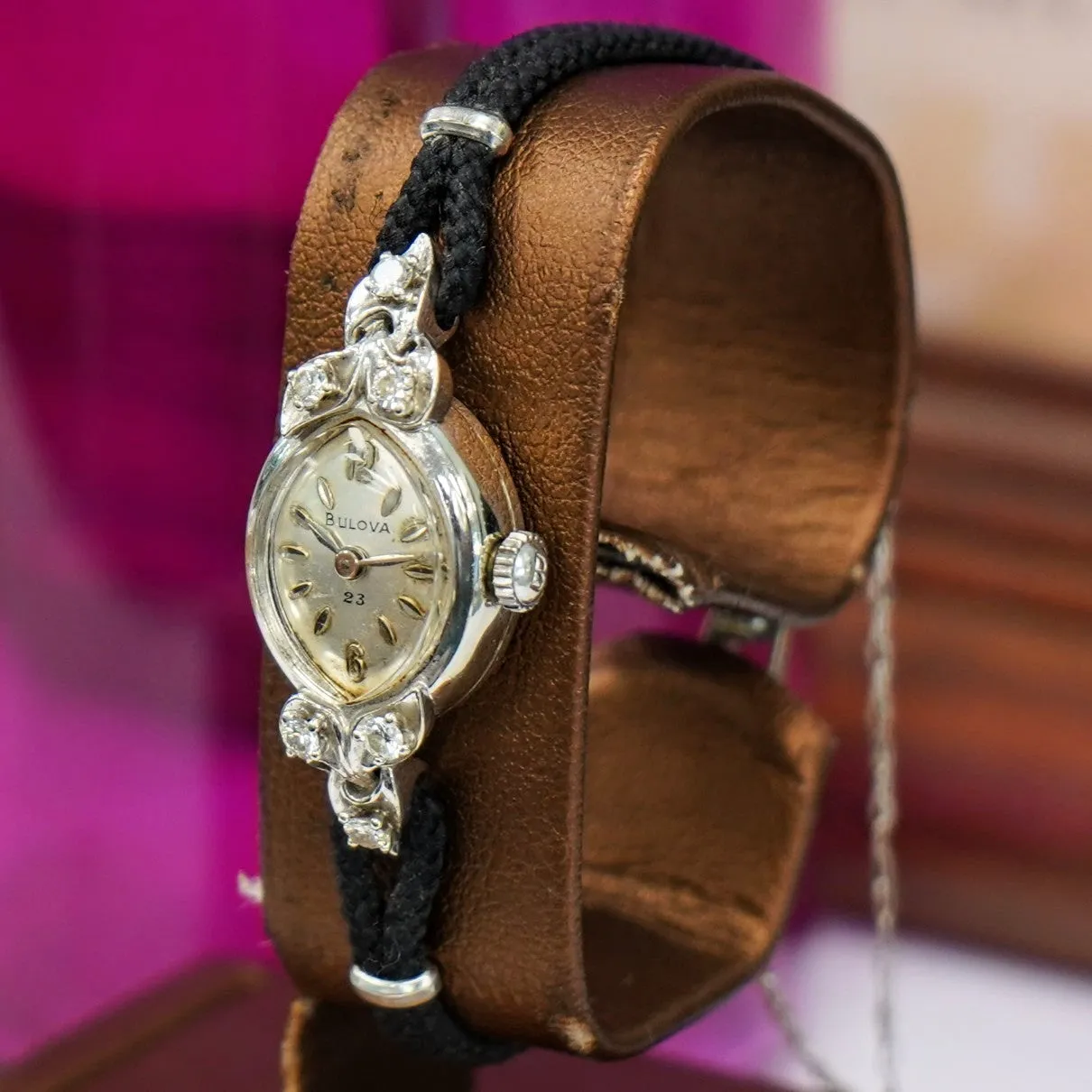 1961 BULOVA Ladies 14K White Gold & Diamonds Cocktail Watch 23 Jewels - ALL Original