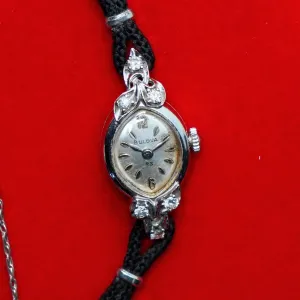 1961 BULOVA Ladies 14K White Gold & Diamonds Cocktail Watch 23 Jewels - ALL Original