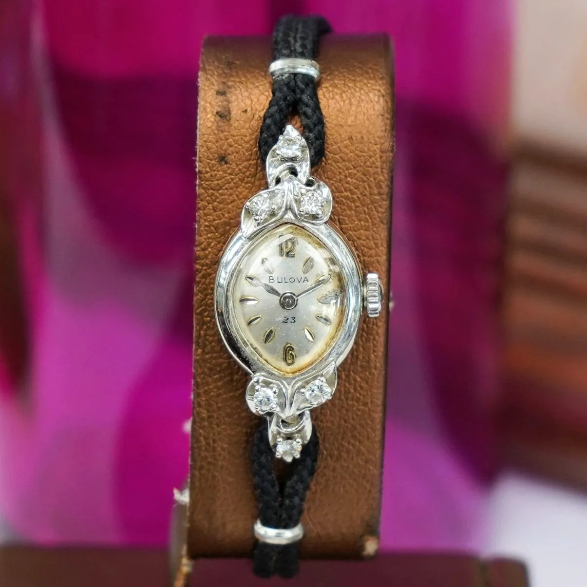 1961 BULOVA Ladies 14K White Gold & Diamonds Cocktail Watch 23 Jewels - ALL Original
