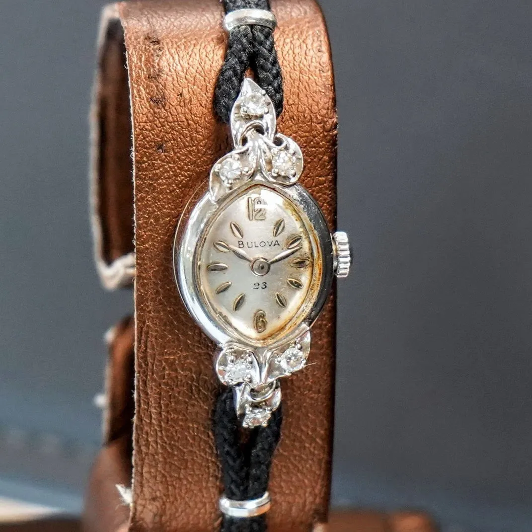 1961 BULOVA Ladies 14K White Gold & Diamonds Cocktail Watch 23 Jewels - ALL Original