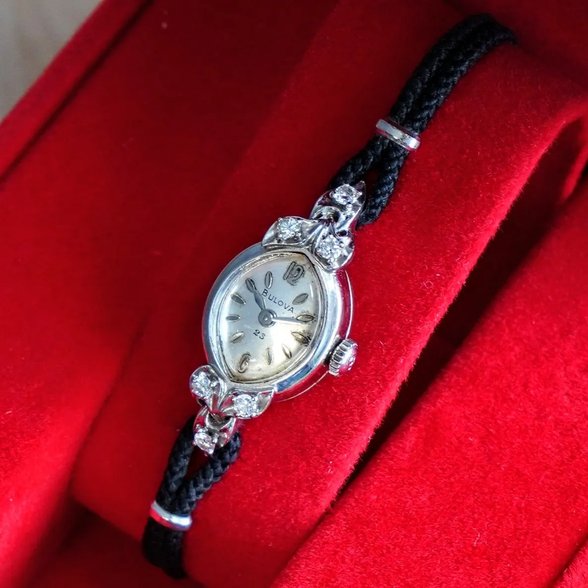 1961 BULOVA Ladies 14K White Gold & Diamonds Cocktail Watch 23 Jewels - ALL Original