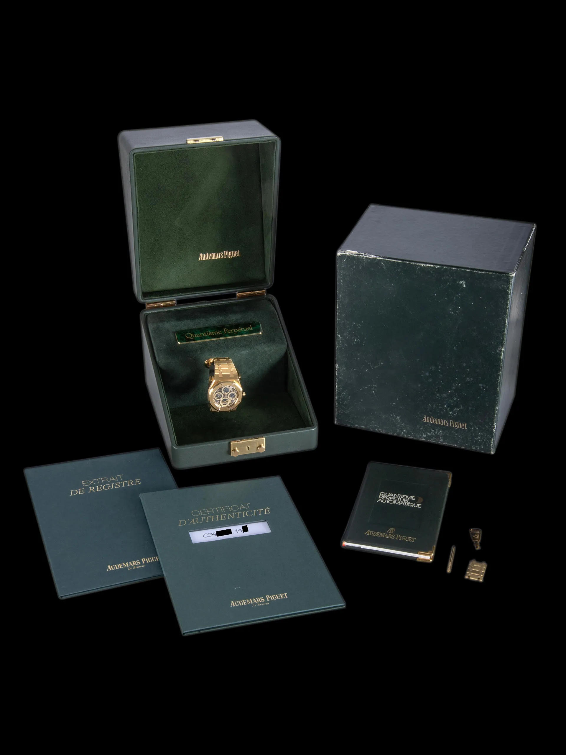 1992 Audemars Piguet Royal Oak Quantième Perpetual Calendar 18K YG (Ref. 25636BA) Openwork "Small Font" Dial W/ Box, Winder, AP COA, AP Extract, AP Service Papers, & Accessories