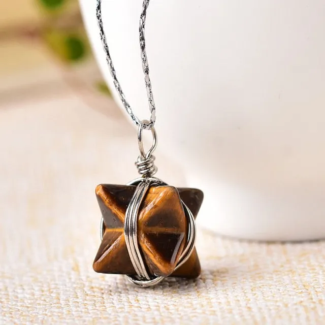 1PC Natural Crystal Quartz Merkaba Pendant Stone Pendulum Necklace