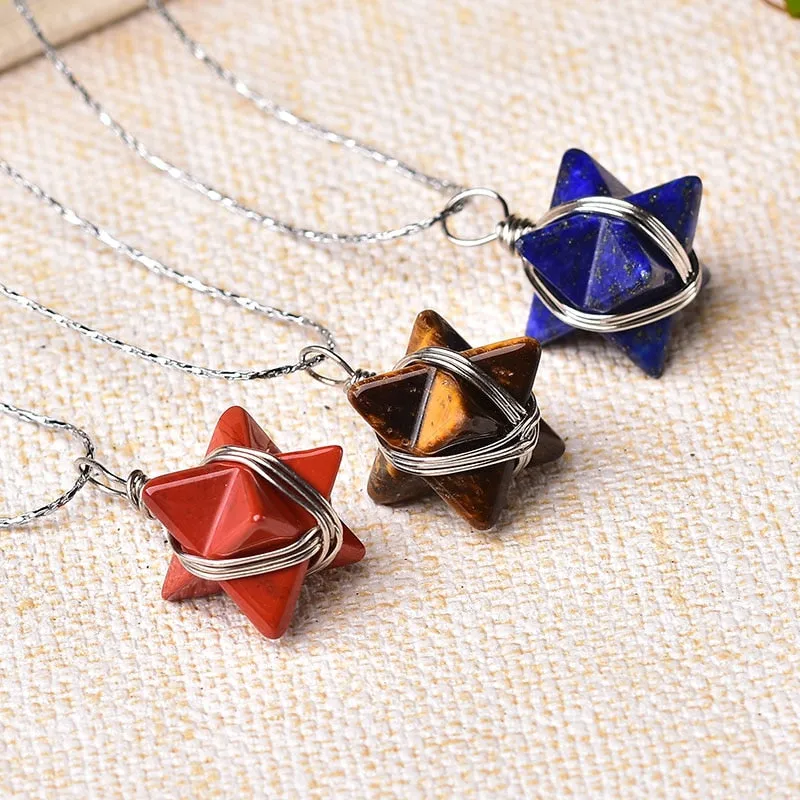 1PC Natural Crystal Quartz Merkaba Pendant Stone Pendulum Necklace