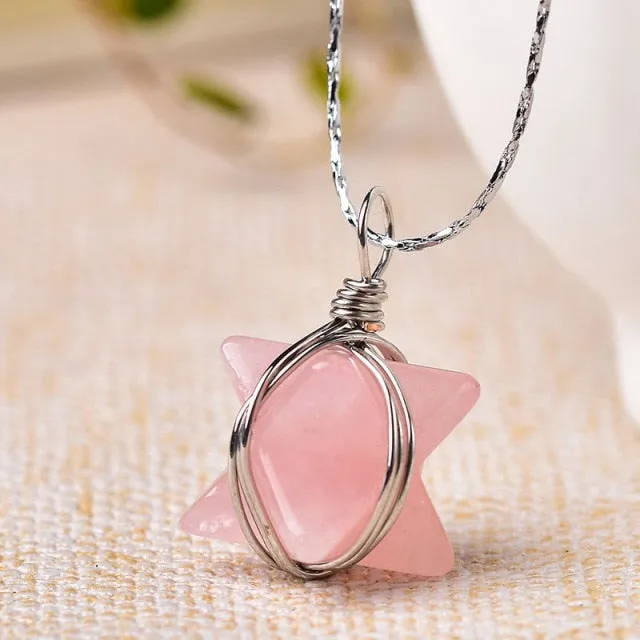 1PC Natural Crystal Quartz Merkaba Pendant Stone Pendulum Necklace