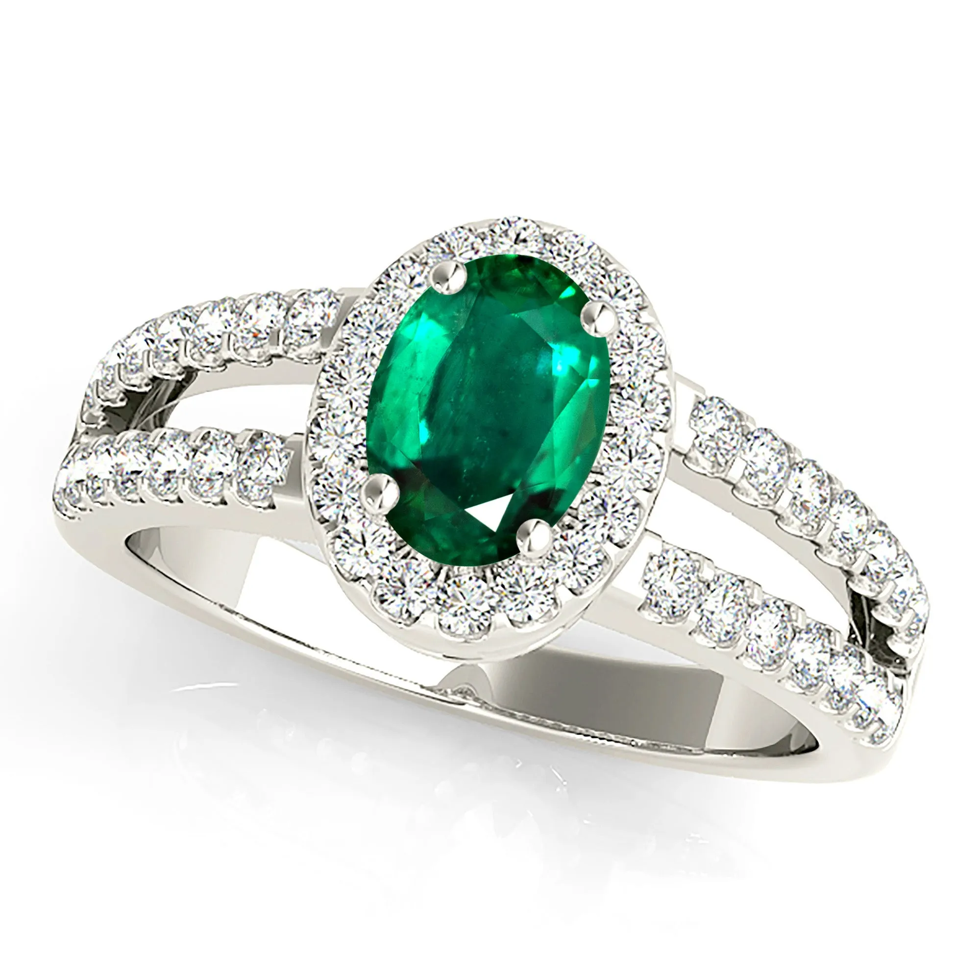 2.00 ct. Genuine Oval Emerald Ring With Halo and Diamond Split Shank