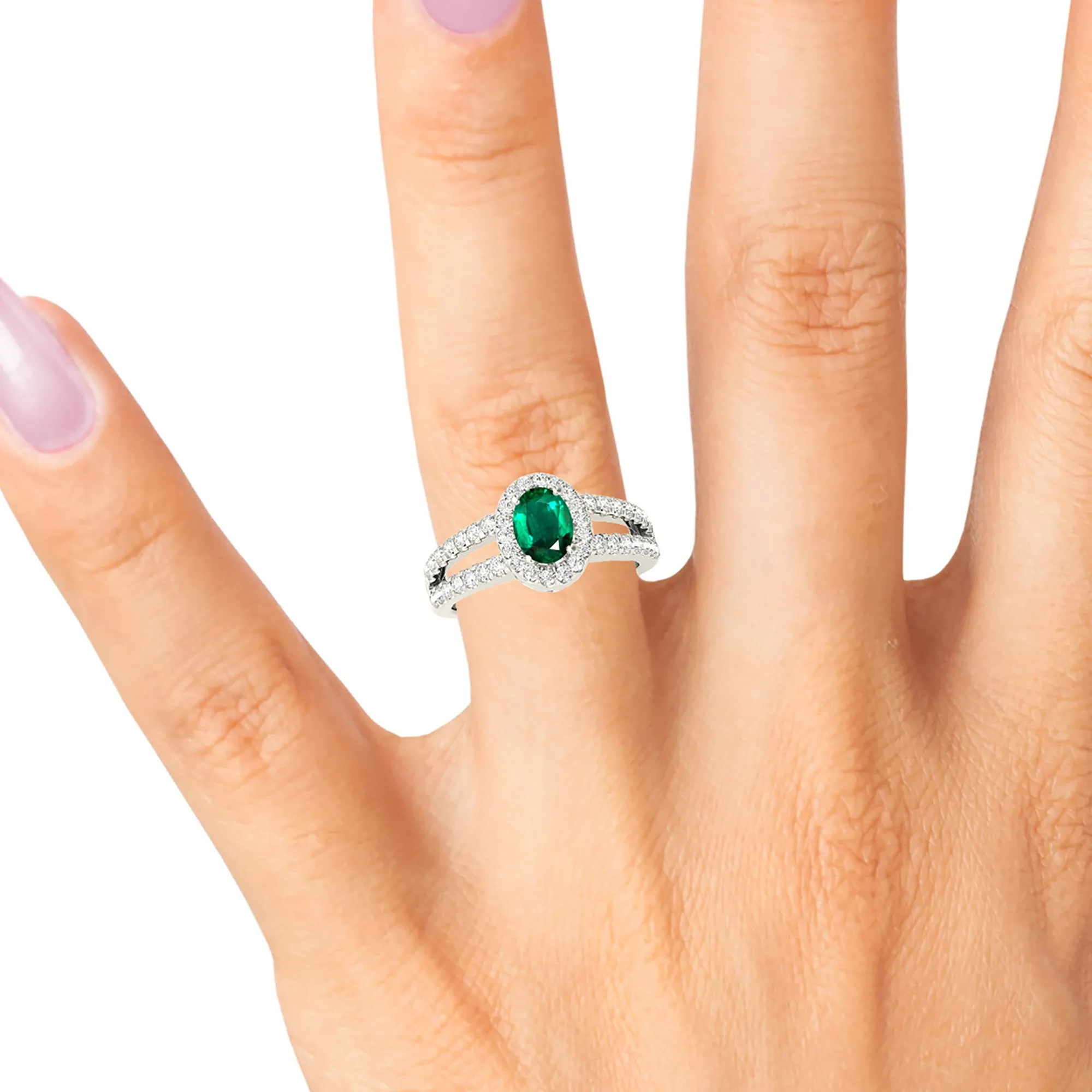 2.00 ct. Genuine Oval Emerald Ring With Halo and Diamond Split Shank