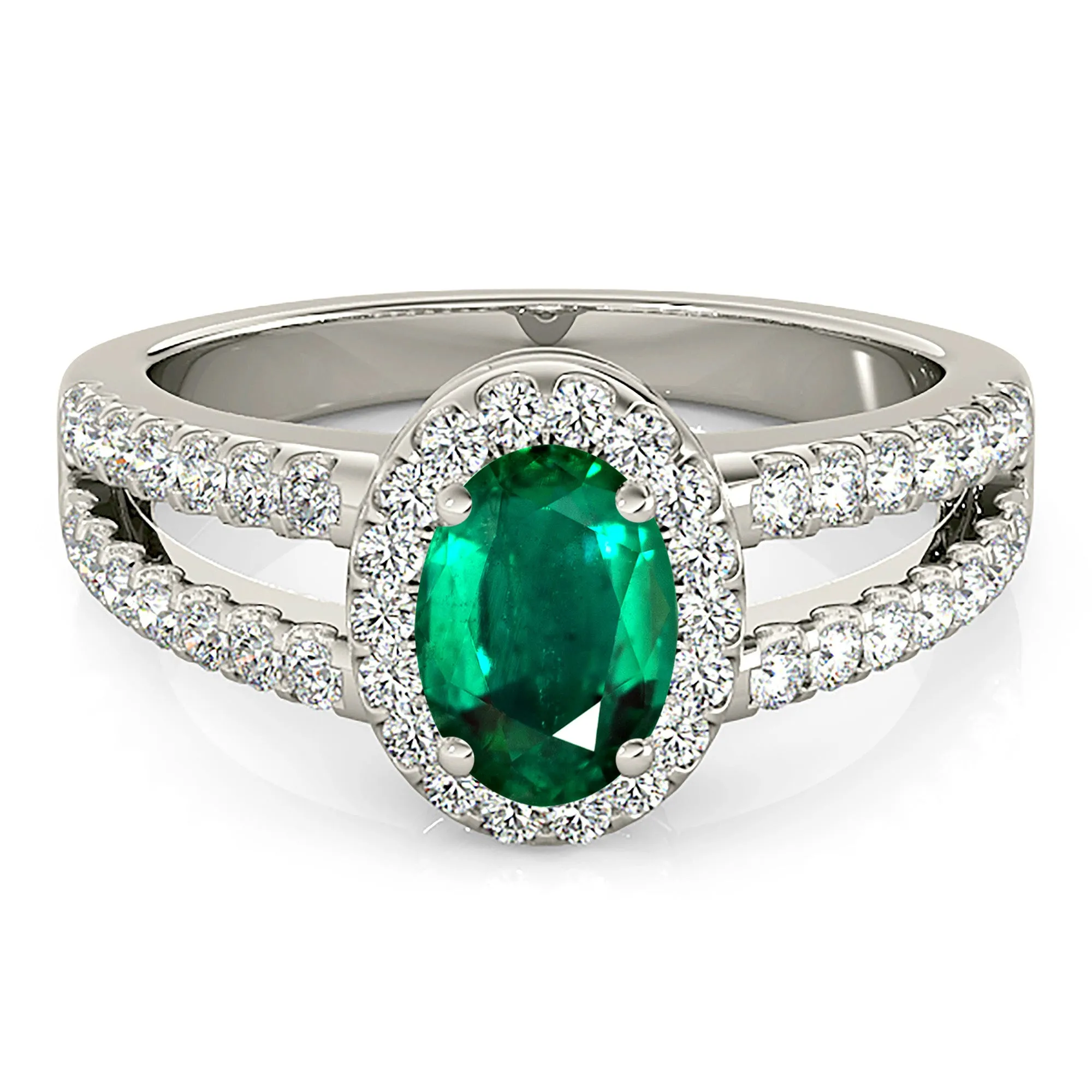 2.00 ct. Genuine Oval Emerald Ring With Halo and Diamond Split Shank