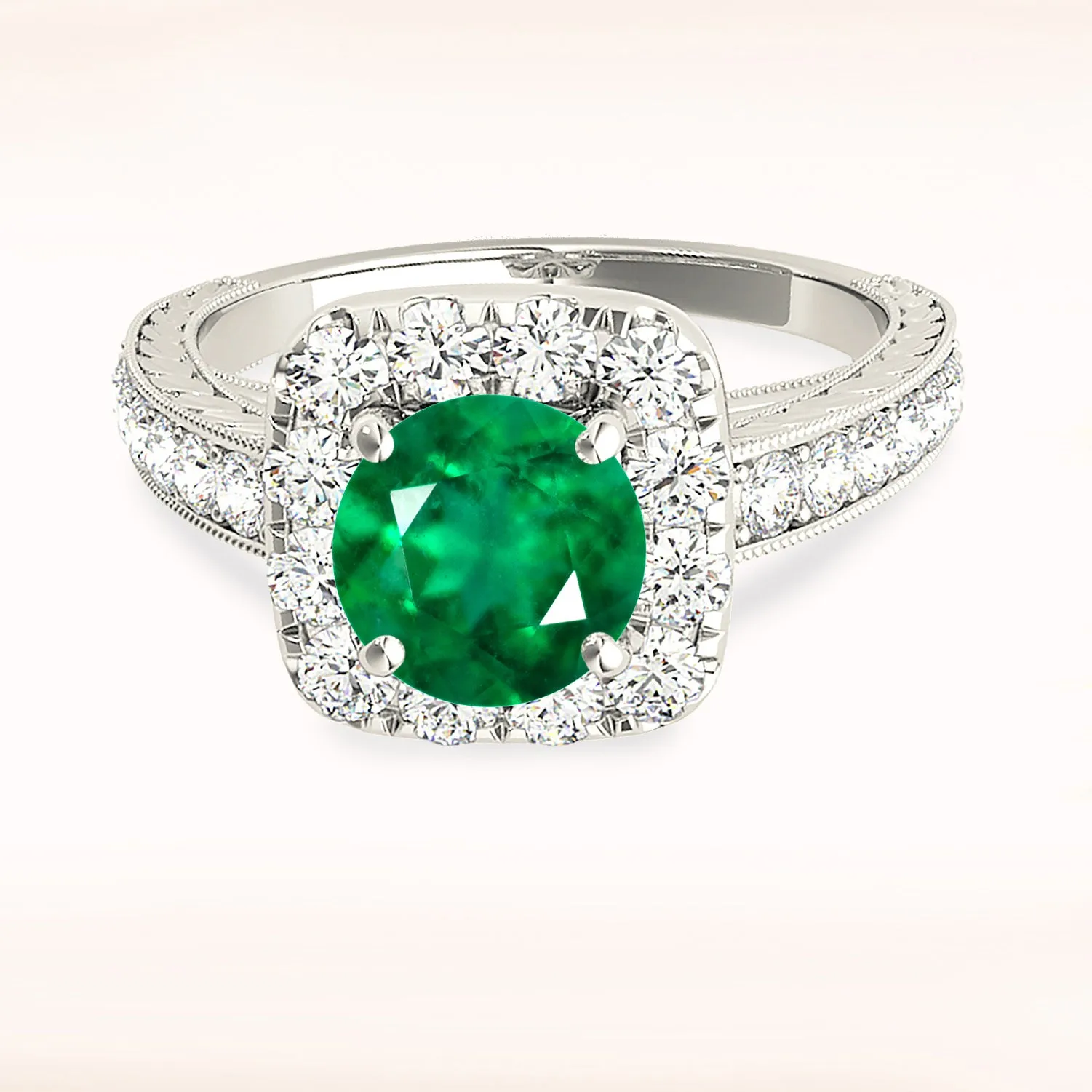 2.00 ct. Genuine Round Emerald Ring With Halo and With Milgrain Design