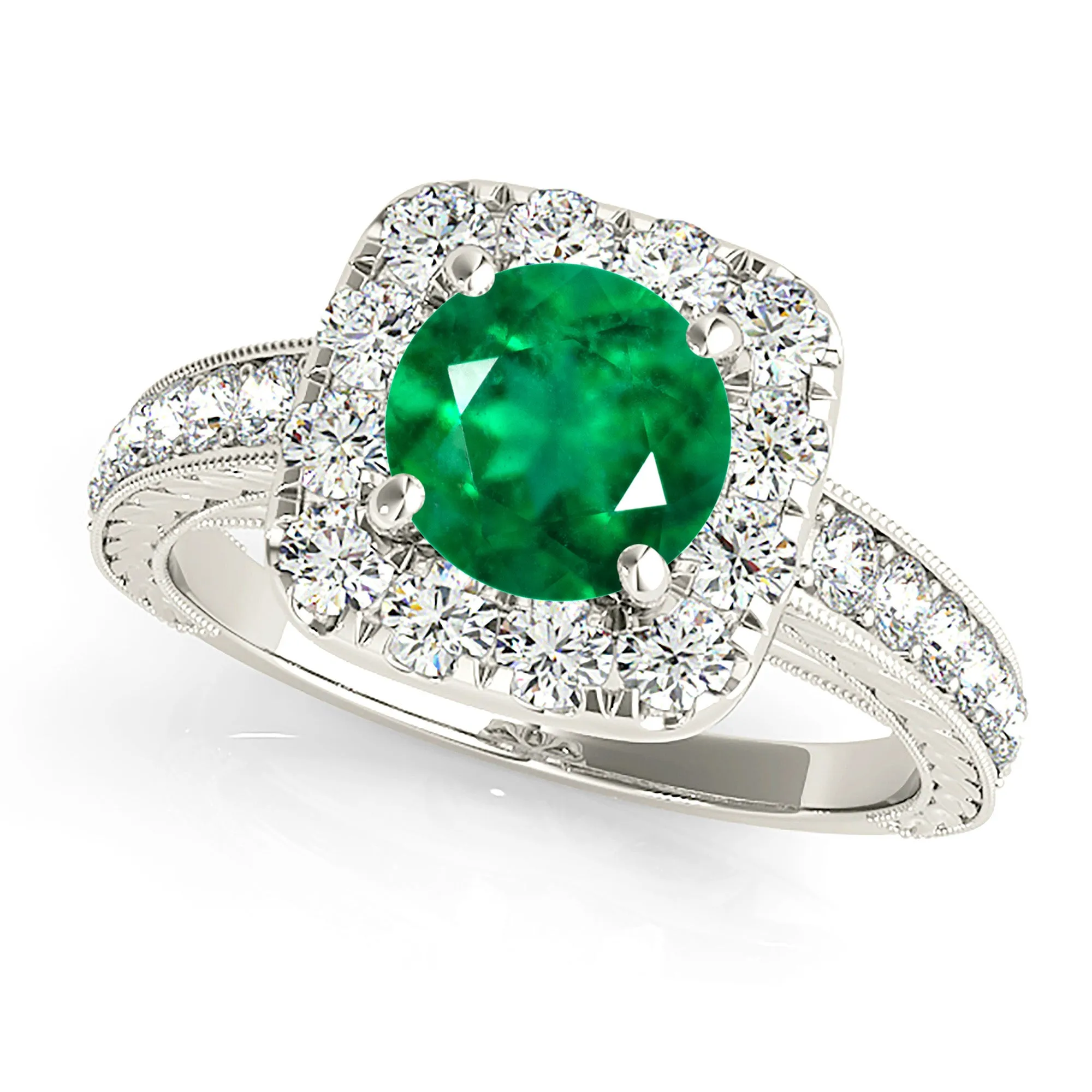2.00 ct. Genuine Round Emerald Ring With Halo and With Milgrain Design