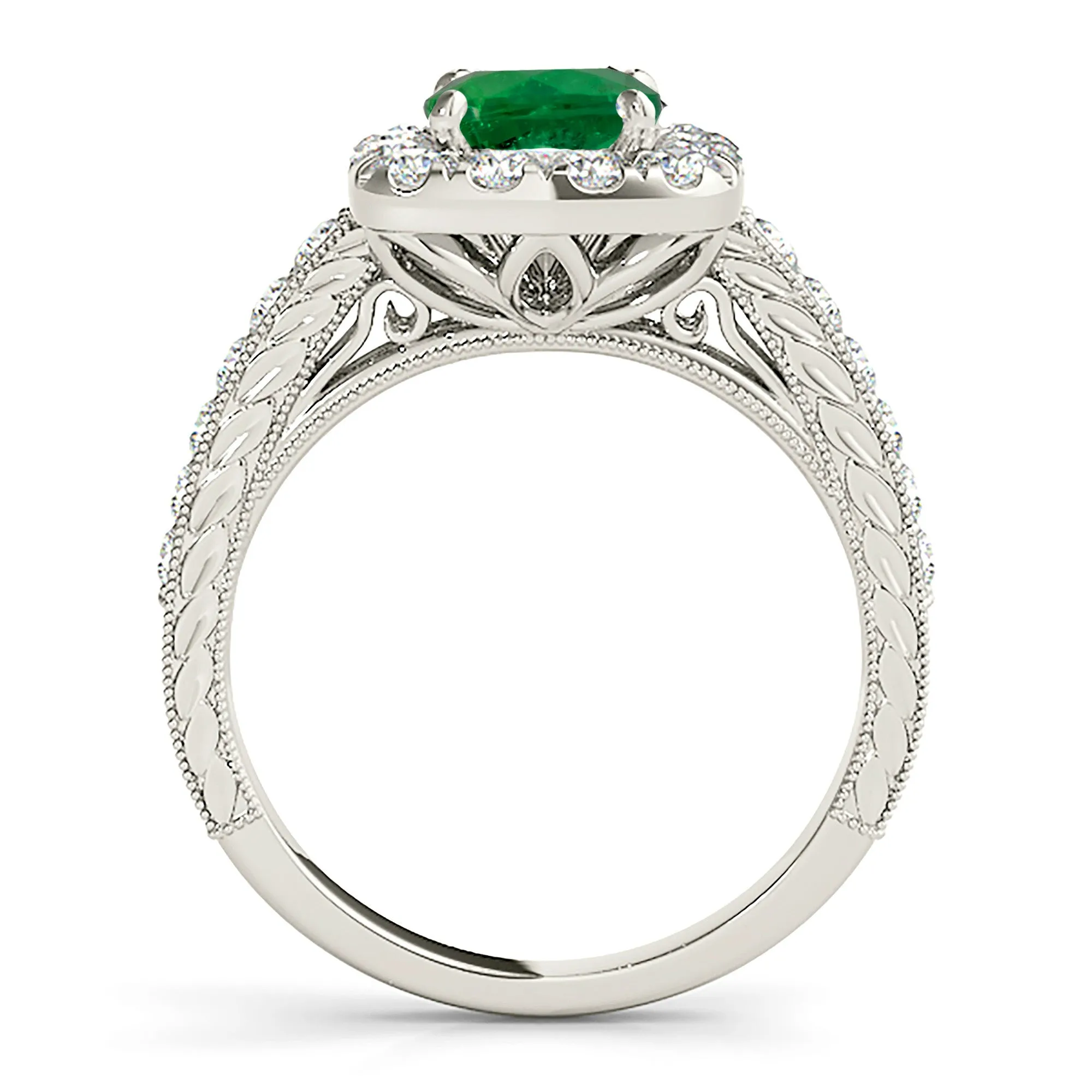 2.00 ct. Genuine Round Emerald Ring With Halo and With Milgrain Design