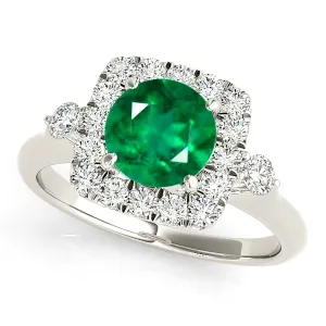2.00 ct. Genuine Round Emerald Ring With Square Halo, Side Accent Diamonds