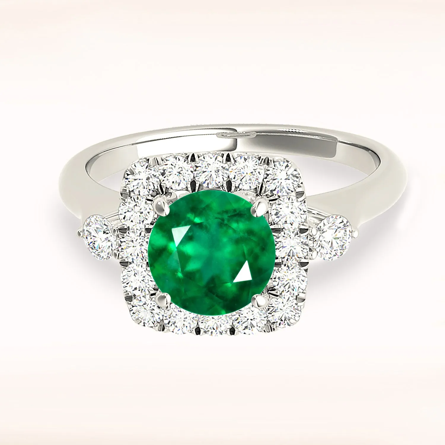 2.00 ct. Genuine Round Emerald Ring With Square Halo, Side Accent Diamonds