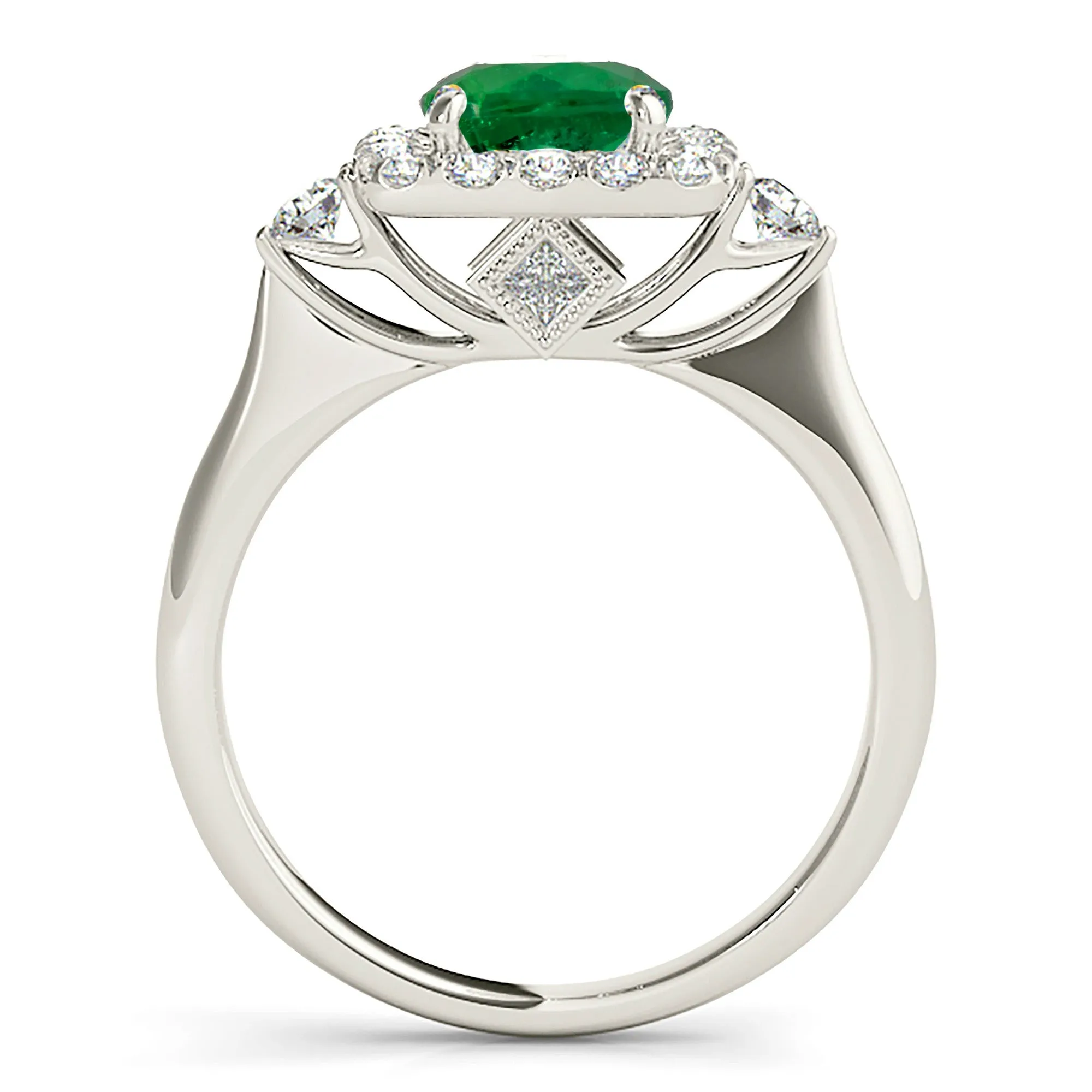 2.00 ct. Genuine Round Emerald Ring With Square Halo, Side Accent Diamonds