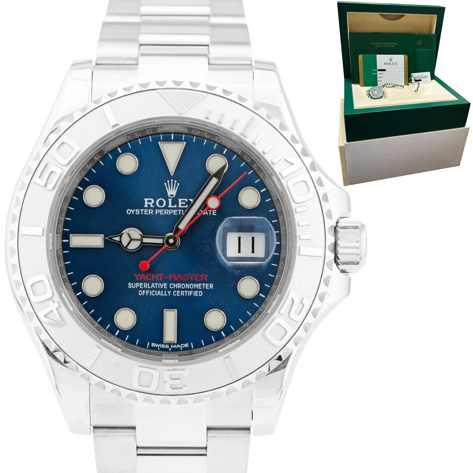2019 Rolex Yacht-Master Stainless Steel Platinum Blue 40mm Watch 116622 B P
