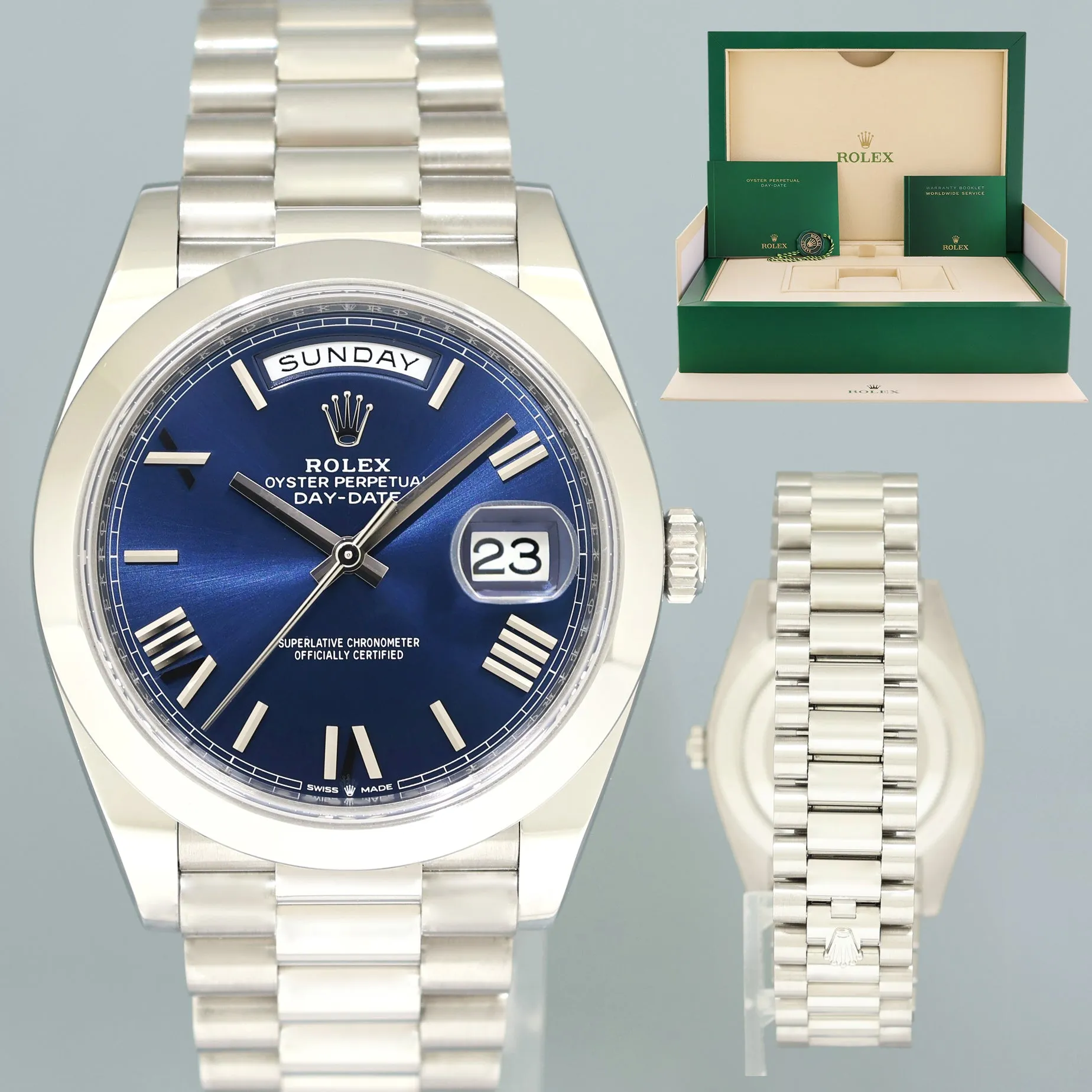 2020 MINT Rolex Platinum President Day Date 40 Dark Blue Roman 228206 Watch Box