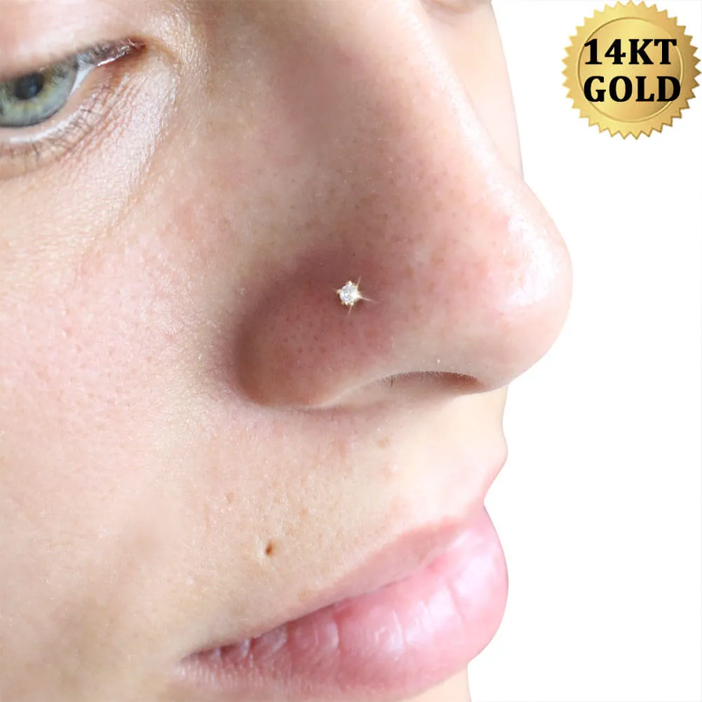 20G CZ 14K Real Gold Screw Nose Stud