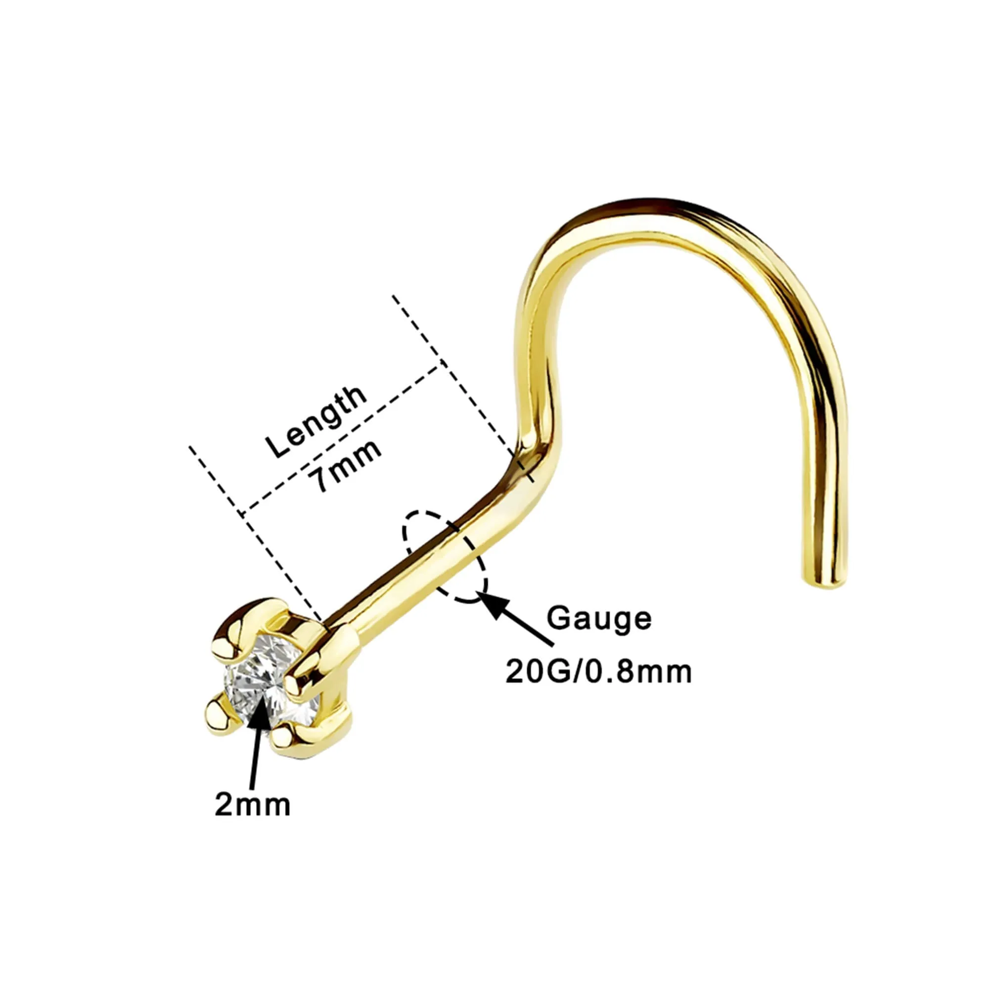 20G CZ 14K Real Gold Screw Nose Stud