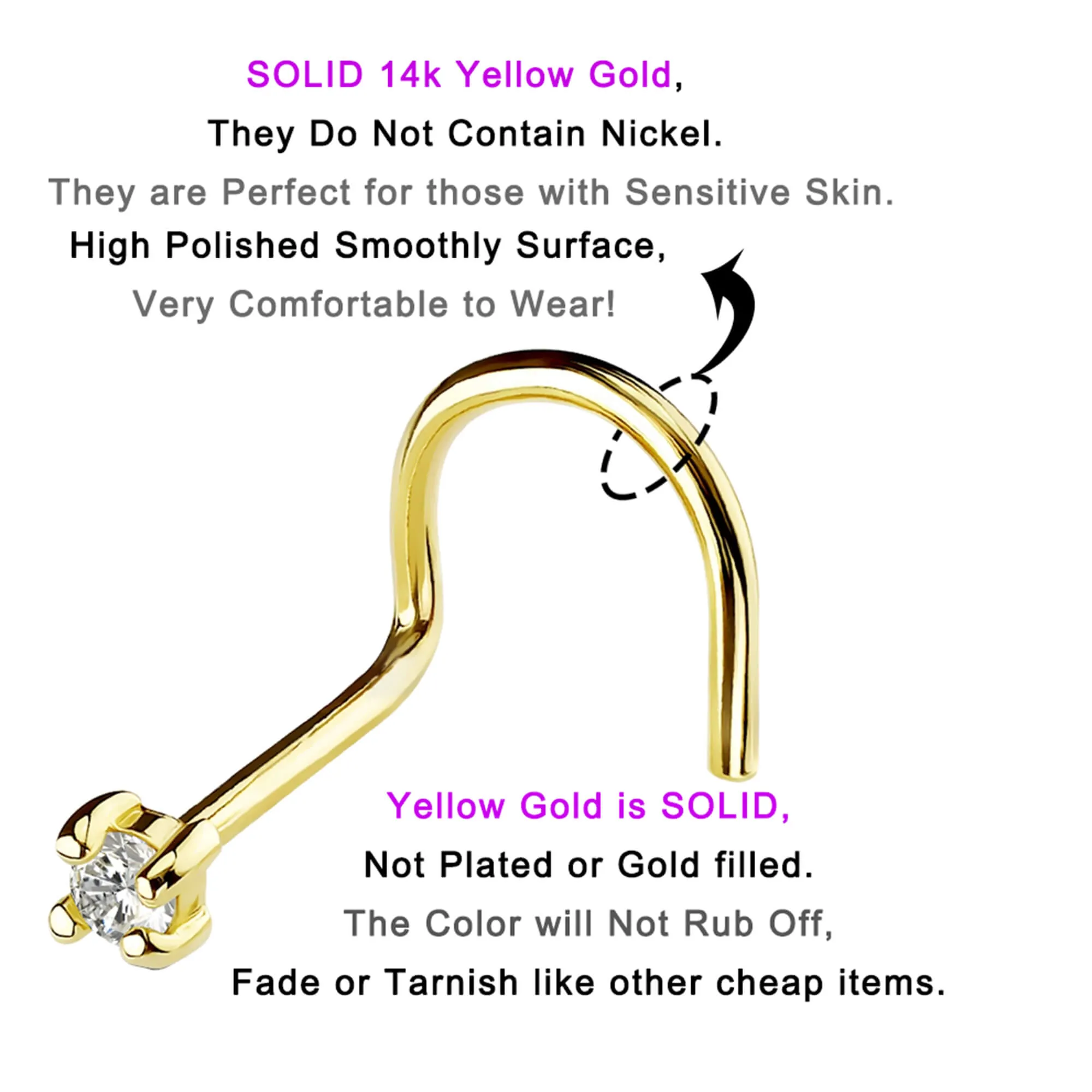 20G CZ 14K Real Gold Screw Nose Stud