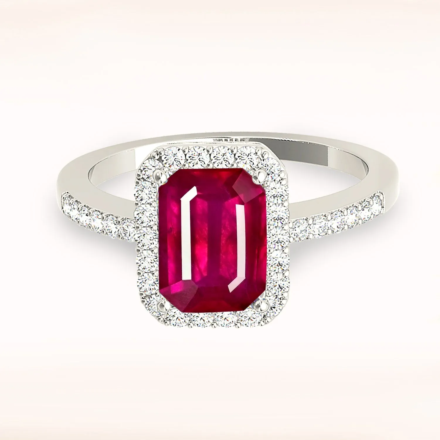 2.30 ct. Genuine Emerald Cut Ruby Ring With Halo And Delicate Diamond Band