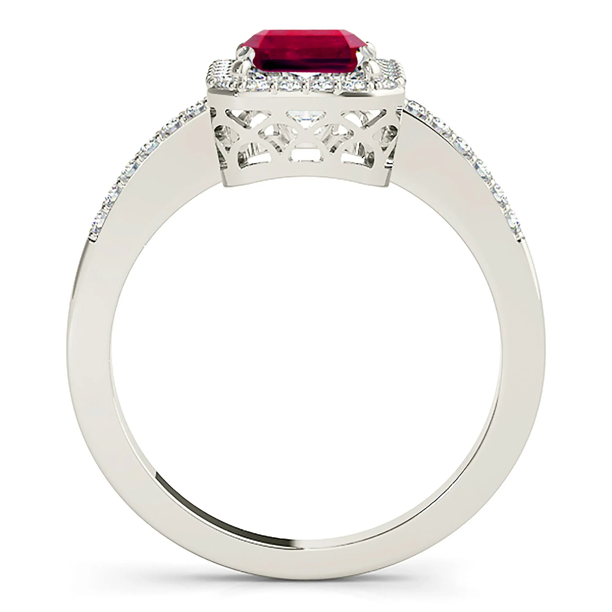 2.30 ct. Genuine Emerald Cut Ruby Ring With Halo And Delicate Diamond Band
