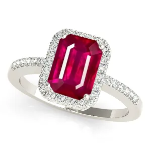 2.30 ct. Genuine Emerald Cut Ruby Ring With Halo And Delicate Diamond Band