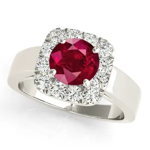 2.35 ct. Genuine Ruby Ring With Cushion Halo and Solid Gold Solitaire Band